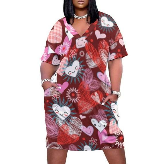 Cute Happy Hearts Red Pattern Summer Sundress for Curve Women Casual Pattern Plus Size V Neck Short Sleeve Loose Fit Oversize Dresses