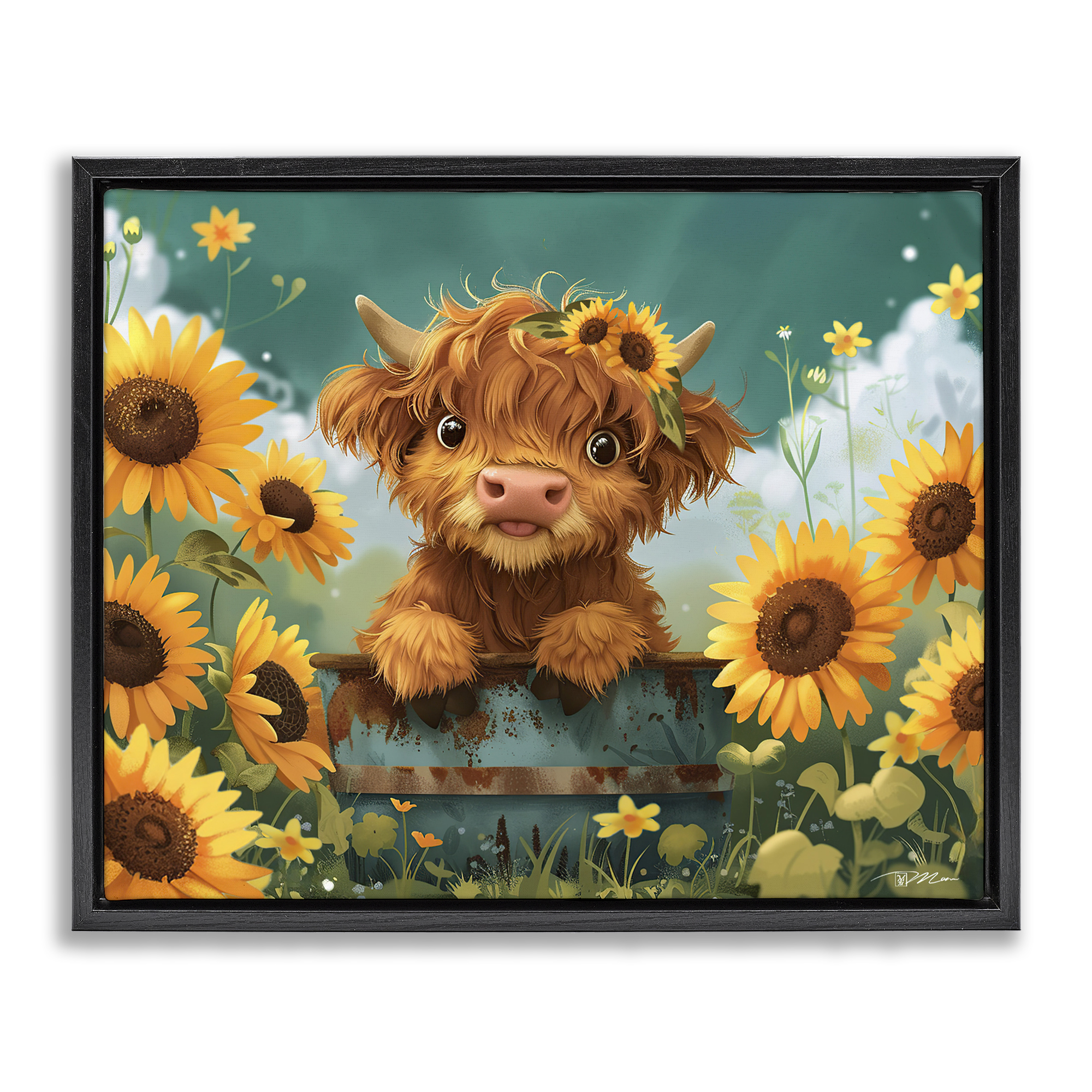 Cute Happy Highland Cow Black Framed Floater Canvas Wall Art, design by Momart