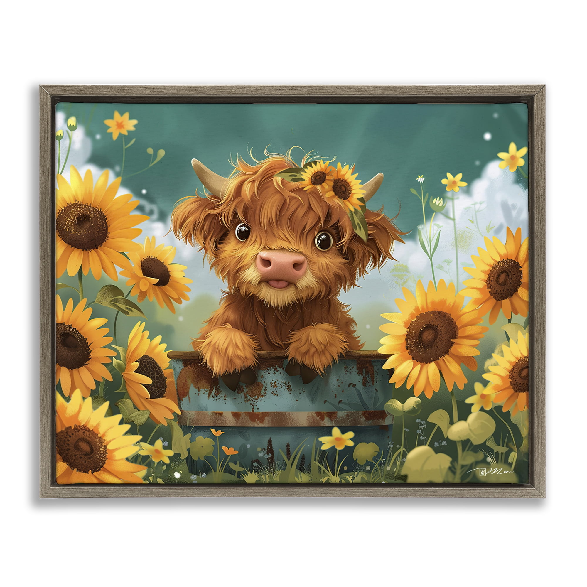Cute Happy Highland Cow Brown Framed Floater Canvas Wall Art, design by Momart