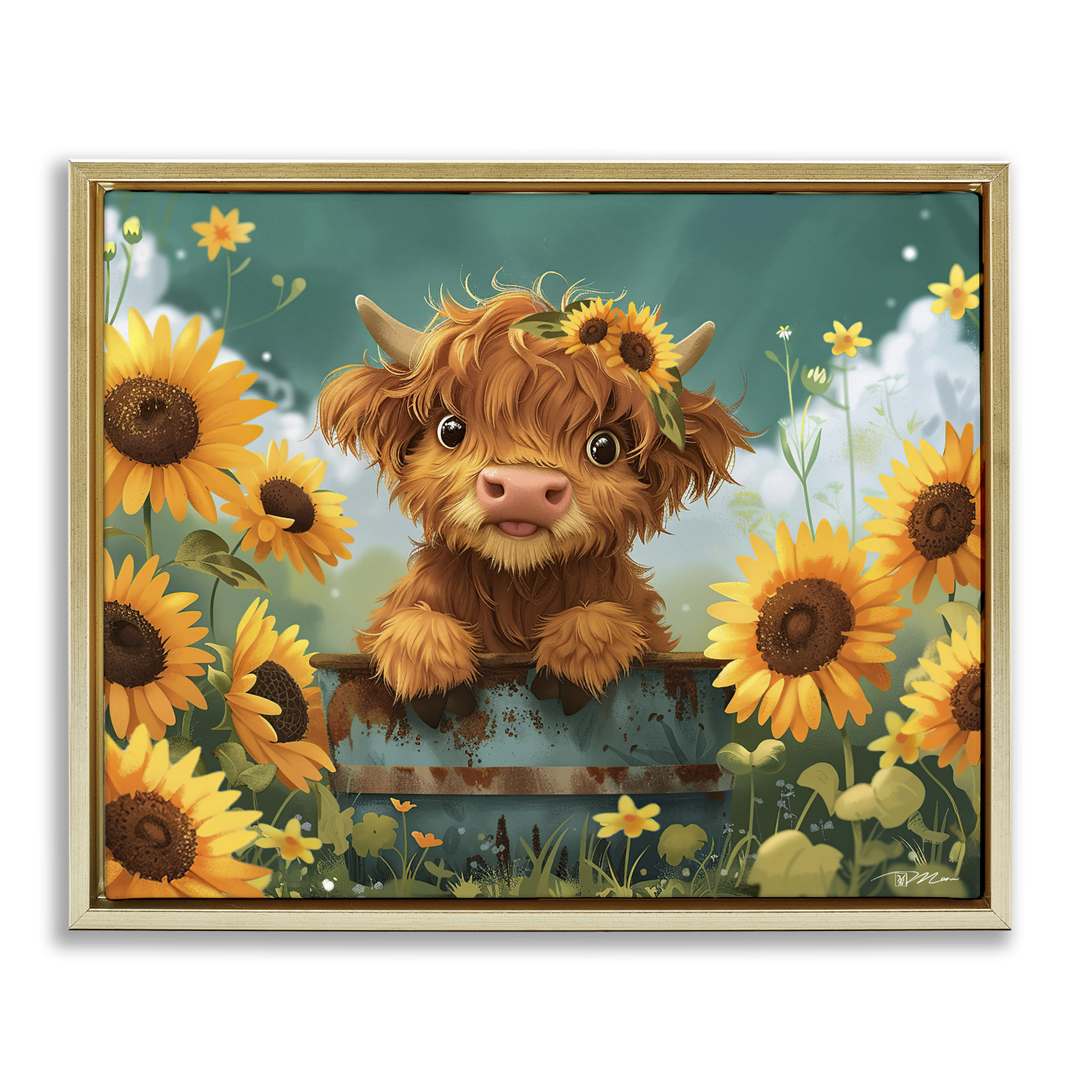 Cute Happy Highland Cow Gold Framed Floater Canvas Wall Art, design by Momart