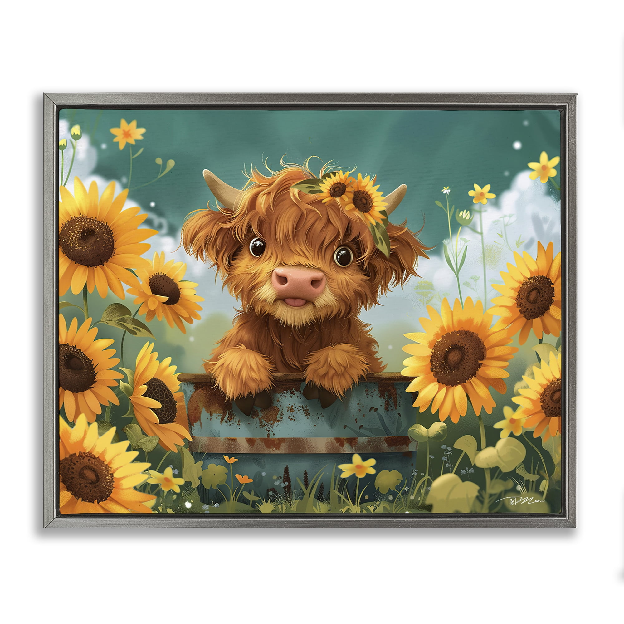 Cute Happy Highland Cow Gray Framed Floater Canvas Wall Art, design by Momart