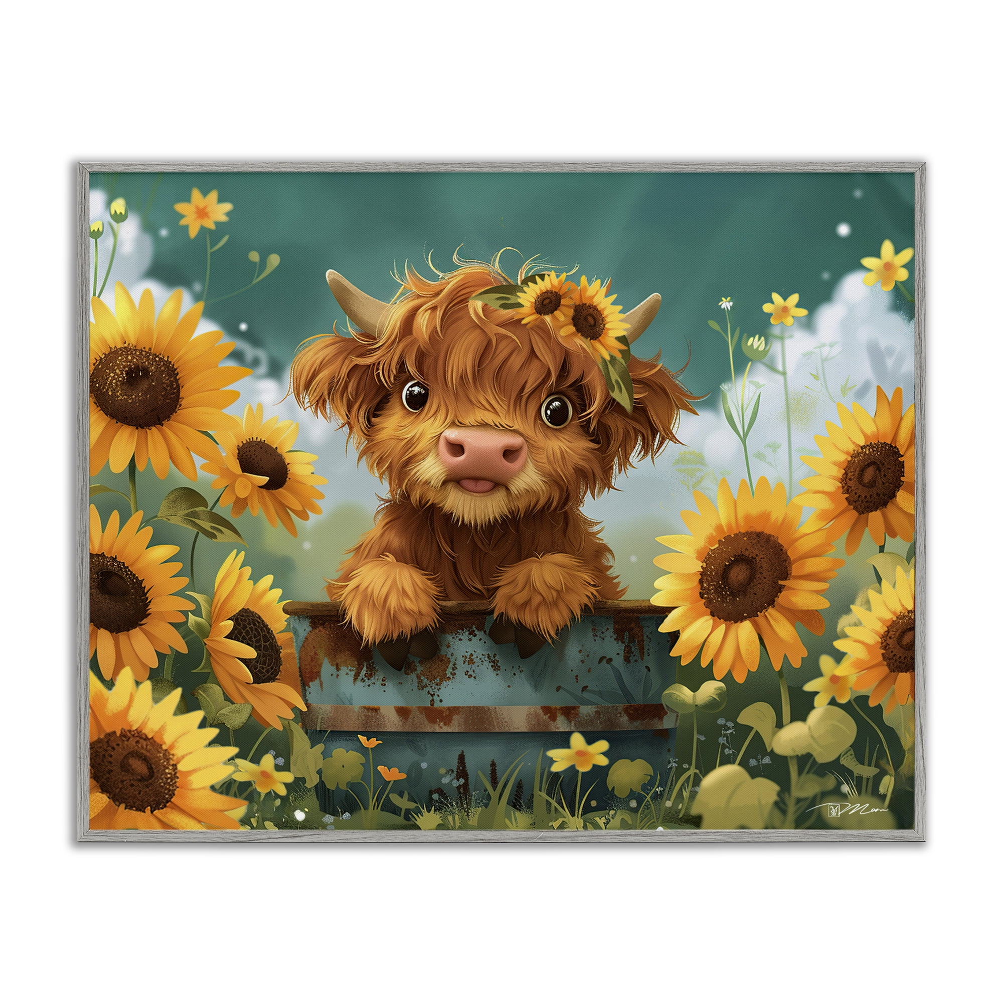Cute Happy Highland Cow Gray Framed Giclee Art, design by Momart
