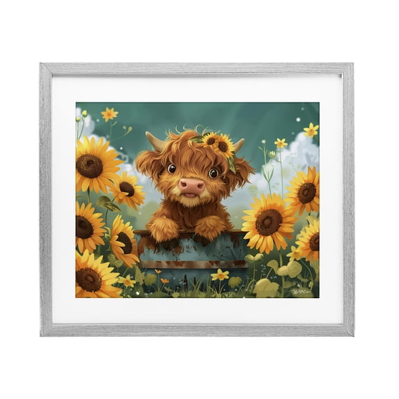 Cute Happy Highland Cow Gray Framed Print Under Glass, design by Momart
