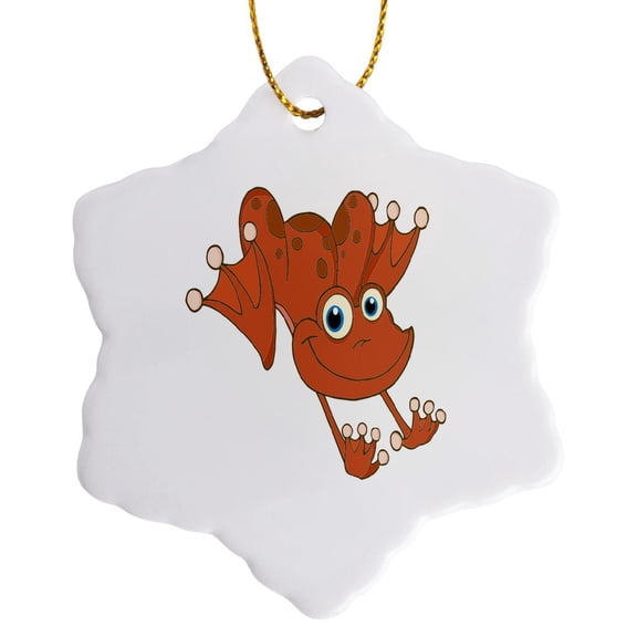 Cute Happy Hopping Orange Frog, 3 inch Snowflake Porcelain Ornament