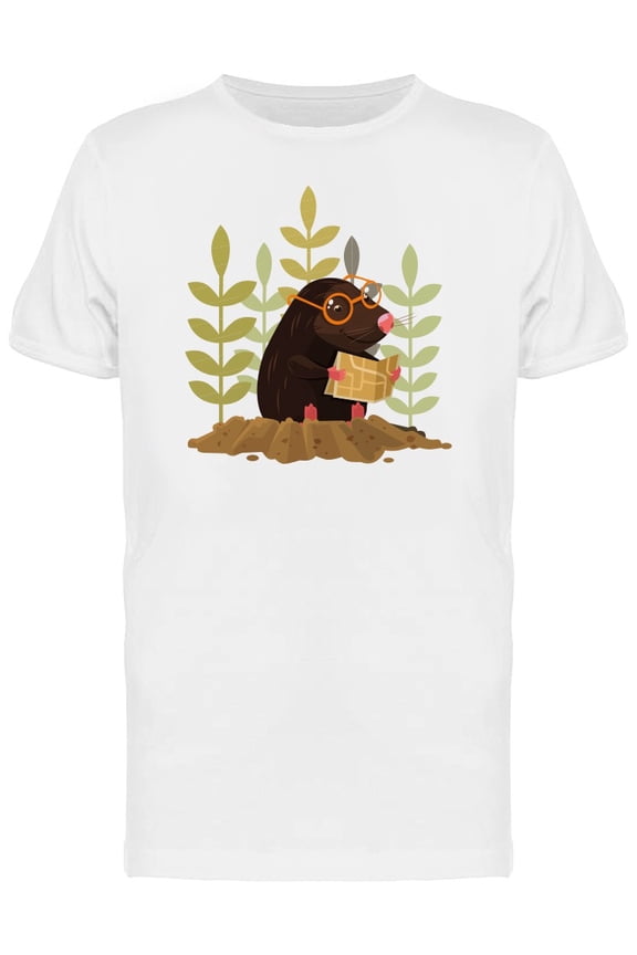 Cute Happy Mole Reading Cartoon T-Shirt Men -Image by Shutterstock, Male Medium
