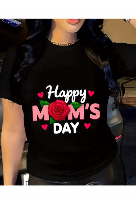 Cute Happy Mom's Day T-Shirt for Women, Festive Rose Heart Floral Graphic Tee Top, Perfect Mother's Day Gift Celebration Apparel