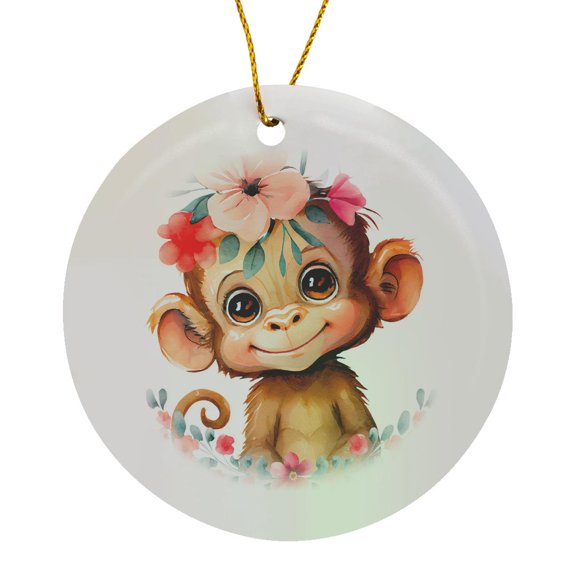 3drose, Cute Happy Monkey with Pink and Peach Flowers Illustration, Circle Porcelain Ornament