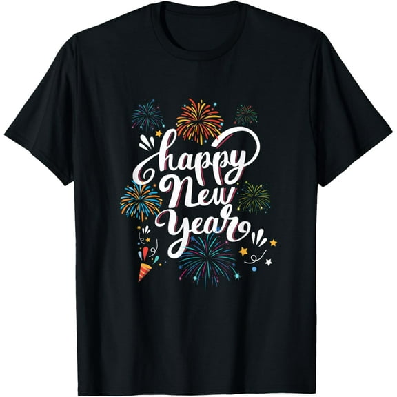 Cute Happy New Year Day Eve Party Fireworks Confetti Costume T-ShirtMen and women, Black T-shirt, size: Extra large
