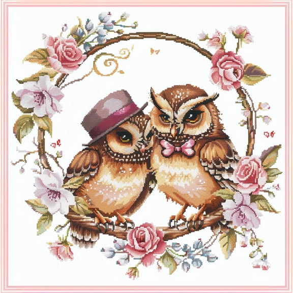 Cute Happy Owls in Love Couple DIY 11CT Stamped Cross Stitch Kits for Beginners Easy Needlepoint Embroidery Counted Cross Stitch Art Craft for Wall Decoration 14x14inch(4)