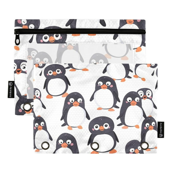 Cute Happy Penguins 2 Pack Pencil Pouch for 3 Ring Binder Smooth Zipper Folders with Pockets Clear Window Pencil Case