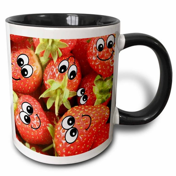 3drose, Cute Happy Red Strawberries - Smiling Face Strawberry Fruits Pile - Sweet Cartoon Foods, 11oz Two-tone Black Mug