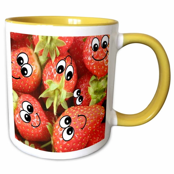 3drose, Cute Happy Red Strawberries - Smiling Face Strawberry Fruits Pile - Sweet Cartoon Foods, 15oz Two-tone Yellow Mug