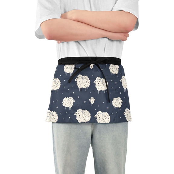 Cute Happy Sheeps Server Apron with 3 Pockets Waterproof Waitress Waist Short Apron for Man Woman 12 Inches