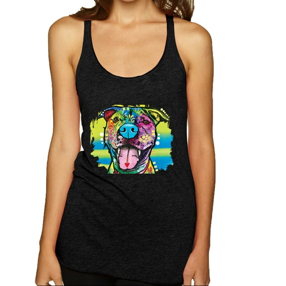 Cute Happy Smiling Dog Dean Russo Rainbow Pitbull | Womens Dog Lover Premium Tri-Blend Racerback Tank Top, Vintage Black, X-Large