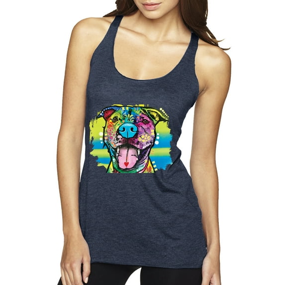 Cute Happy Smiling Dog Dean Russo Rainbow Pitbull | Womens Dog Lover Premium Tri-Blend Racerback Tank Top, Vintage Navy, X-Large