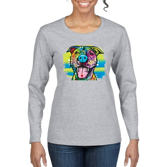 Cute Happy Smiling Dog Rainbow Pitbull Dog Lover Womens Graphic Long Sleeve T-Shirt, Heather Grey, Medium