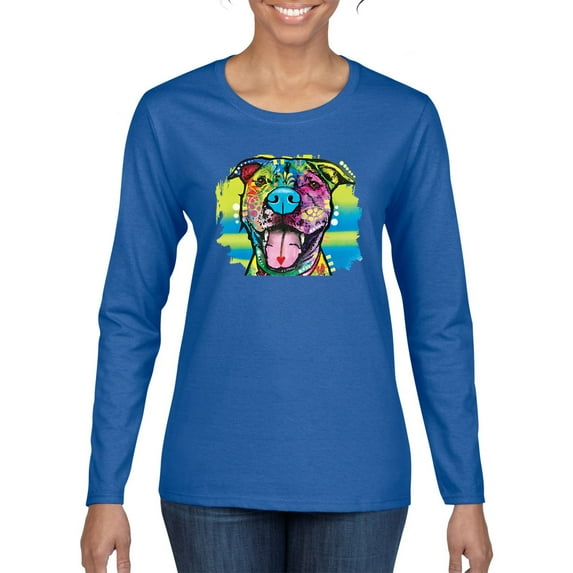 Cute Happy Smiling Dog Rainbow Pitbull Dog Lover Womens Graphic Long Sleeve T-Shirt, Royal, Small