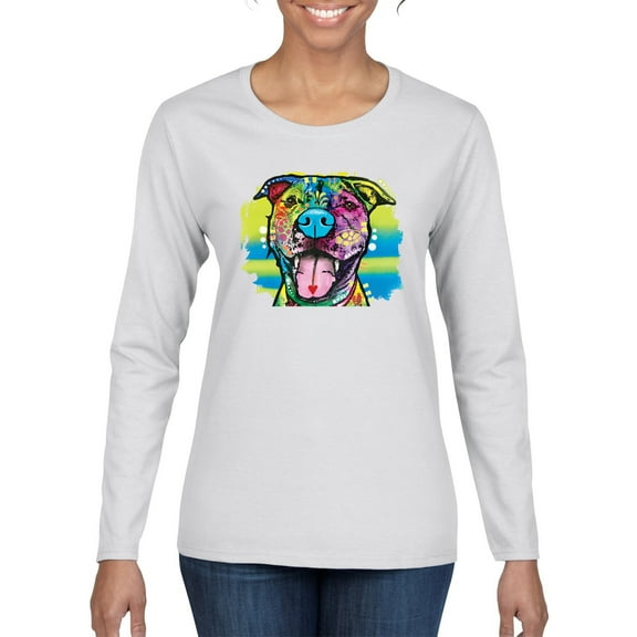 Cute Happy Smiling Dog Rainbow Pitbull Dog Lover Womens Graphic Long Sleeve T-Shirt, White, Large