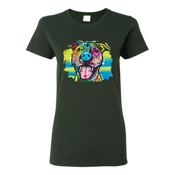 Cute Happy Smiling Dog Rainbow Pitbull Dog Lover Womens Graphic T-Shirt, Forest Green, 3XL
