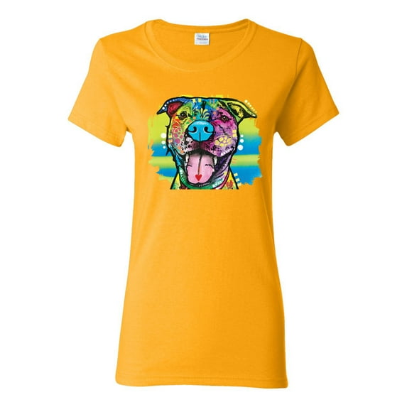 Cute Happy Smiling Dog Rainbow Pitbull Dog Lover Womens Graphic T-Shirt, Gold, 2XL