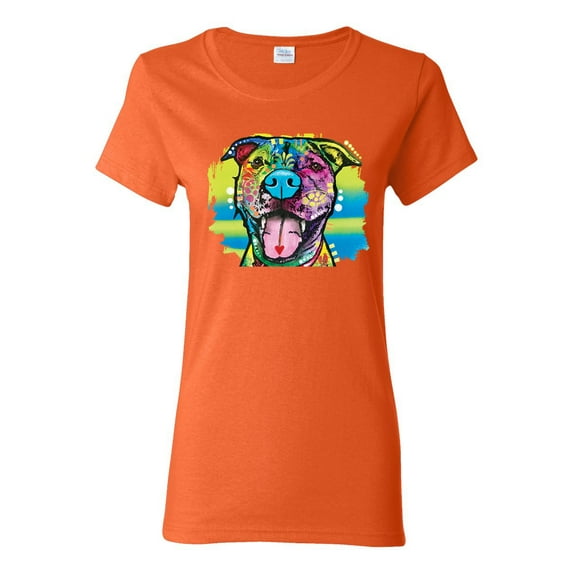 Cute Happy Smiling Dog Rainbow Pitbull Dog Lover Womens Graphic T-Shirt, Orange, Large