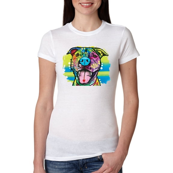 Cute Happy Smiling Dog Rainbow Pitbull Dog Lover Womens Slim Fit Junior Tee, White, X-Large