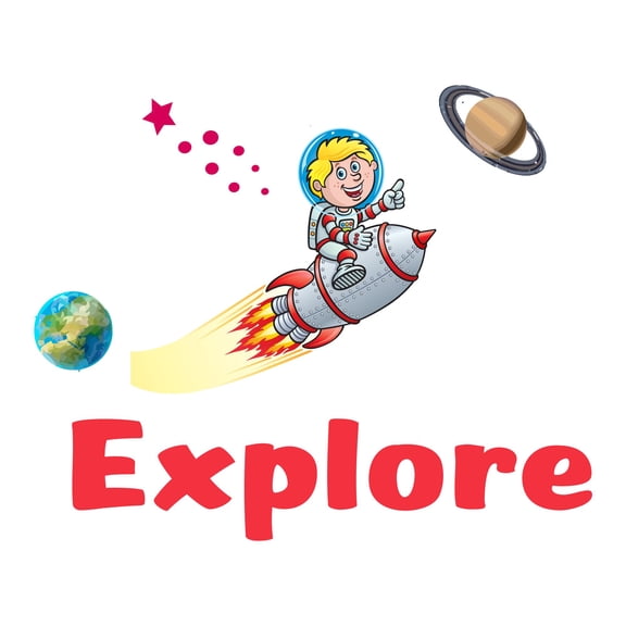 Cute Happy kid Exploring Outer SpaceWall Decal Decoration Explore Adventurous Space Cartoon Rocket Decorating Ideas for Child's Bedroom Size: 40 In(W) x 32 In(H)