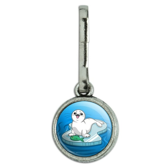 Cute Harp Seal Pup on Ice with Fish Antiqued Charm Clothes Purse Suitcase Backpack Zipper Pull Aid