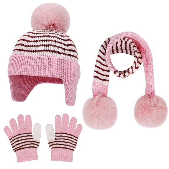 Cute Hats, Scarves & Gloves Sets for Boys Girls 3 Piece Size 1-5 Toddler Kids Fleece Lined Stripe Thermal Pom-Pom Beanies Hat Glove Scarf Set