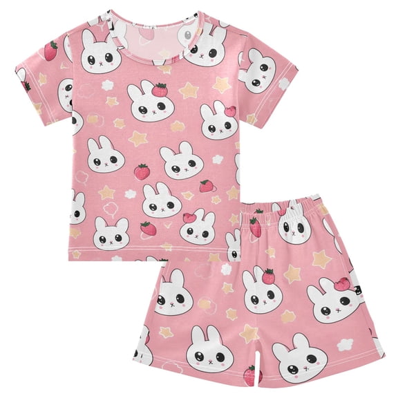 Cute Head Rabbit Pattern Summer Pajama Set Soft Cotton Short Sleeve Sleepwear 2PCS Pajama Sets Breathable Lounge Set Size 12Y