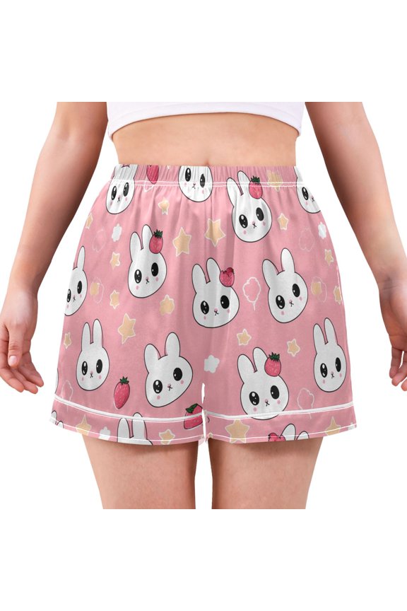 Cute Head Rabbit Pattern Women's Pajama Shorts Silky Satin Casual Lounge Sleep Zero Pressure