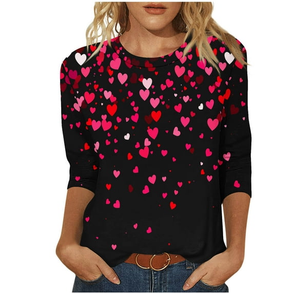 Cute Heart 3/4 Sleeve Shirts for Womens Valentine Tops Fashion Holiday Graphic T-Shirt Crewneck Tee