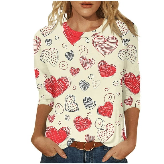 Cute Heart 3/4 Sleeve Shirts for Womens Valentine Tops Fashion Holiday Graphic T-Shirt Crewneck Tee