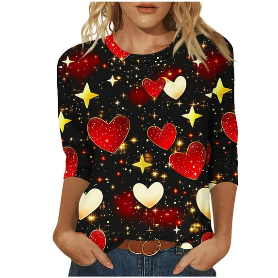 Cute Heart 3/4 Sleeve Shirts for Womens Valentine Tops Fashion Holiday Graphic T-Shirt Crewneck Tee
