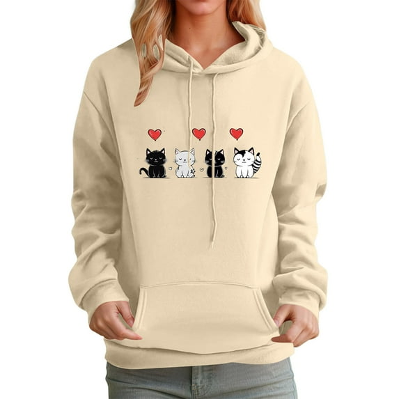Cute Heart Cat Hoodie Tops Y2K Oversize Long Sleeve Drawstring Pullover Shirts Autumn Sweatshirt With Pocket