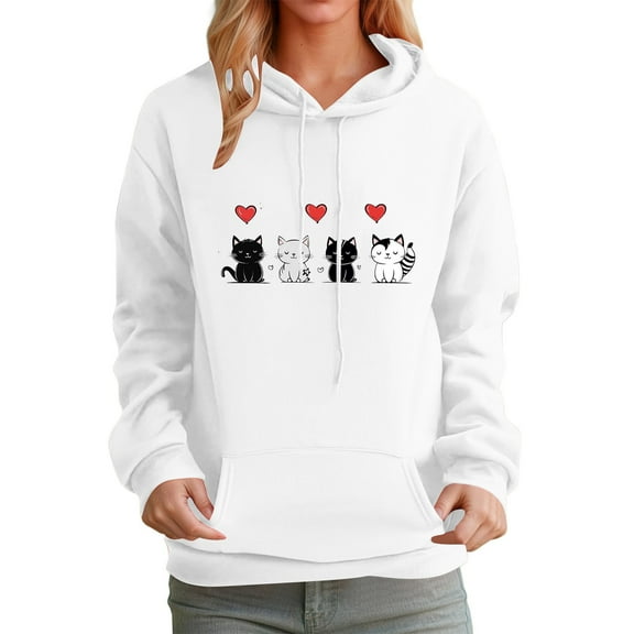 Cute Heart Cat Hoodie Tops Y2K Oversize Long Sleeve Drawstring Pullover Shirts Autumn Sweatshirt With Pocket