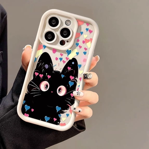 Cute Heart Cat Phone Case Compatible with Apple iPhone 17 Pro Max, Shockproof Durable Protective Cover, Full Edge Protection Slim TPU Shell for Women