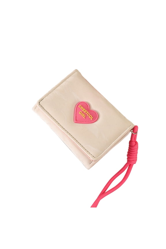 Cute Heart Design Slim Tri-Fold Wallet with Wrist Strap, RFID Blocking Card Holder Coin Purse for Women Girls, Compact PU Leather Wallet for Cash Cards ID Small Lightweight Wallet