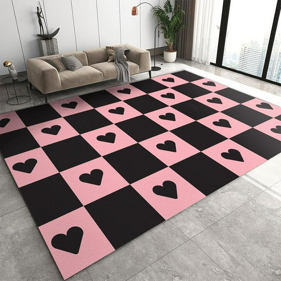 Cute Heart Flower Area Rug Black Pink Check Checked Checkered Living Room Rugs, Indoor Non-Slip Rugs, Machine Washable Breathable Durable Carpet For Front Entrance Floor Decor 1x2ft