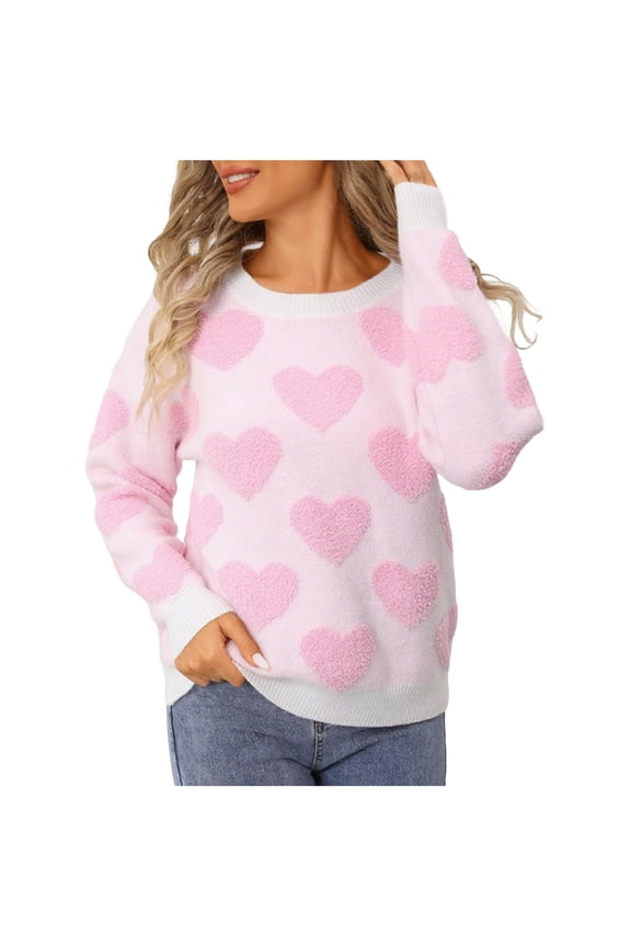 Cute Heart Knitted Sweater for Women Crewneck Top Casual Long Sleeve Fall and Winter Sweaters White L