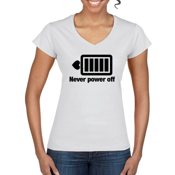 Cute Heart Never Power off Love Couple Gift Valentine's Day Women’s Standard V-Neck Tee, White, 2XL