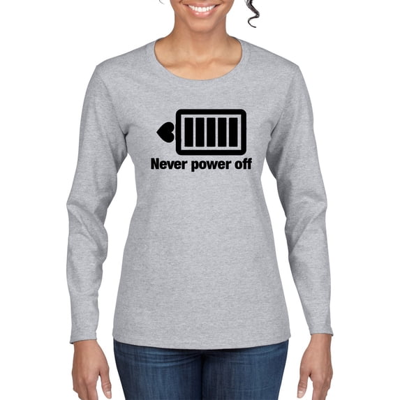 Cute Heart Never Power off Love Couple Gift Valentine's Day Womens Graphic Long Sleeve T-Shirt, Heather Grey, Medium