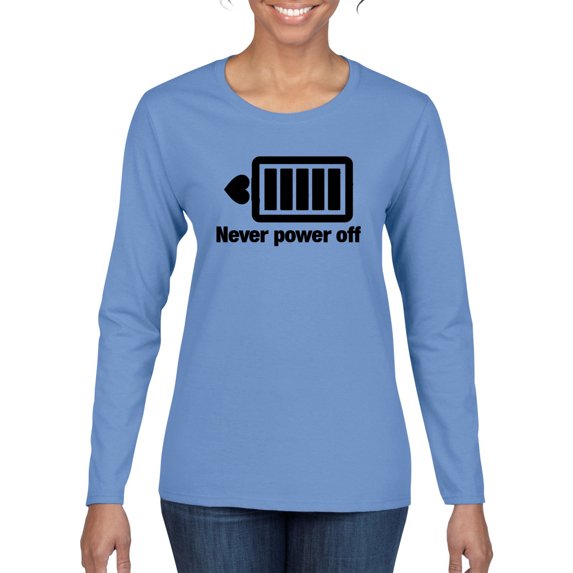 Cute Heart Never Power off Love Couple Gift Valentine's Day Womens Graphic Long Sleeve T-Shirt, Light Blue, Medium