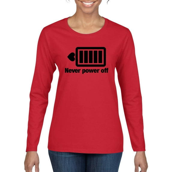 Cute Heart Never Power off Love Couple Gift Valentine's Day Womens Graphic Long Sleeve T-Shirt, Red, Medium