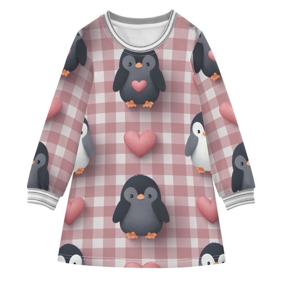 Cute Heart Pattern on Penguins Plaids Valentine Long-sleeved Dress A-line One-Piece Dress for 2-8 Years Casual Party 2T