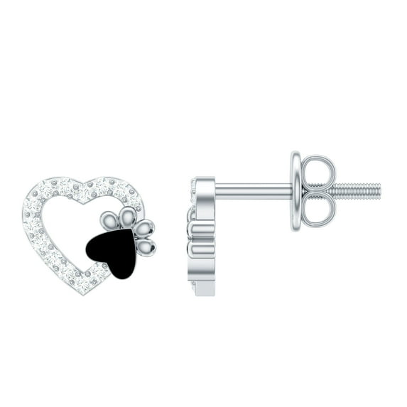 Rosec Jewels Cute Heart Paw Stud Earrings with Moissanite and Black Enamel (D-VS1 Grade), 18K White Gold