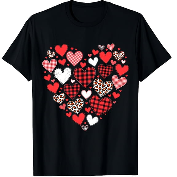 Cute Heart Plaid Leopard Valentine Graphic Crew Neck Short Sleeve T-Shirts (Men's, Women's)