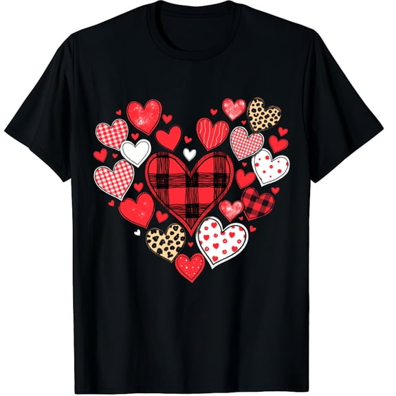 Cute Heart Plaid Leopard Valentine Graphic Crew Neck Short Sleeve T-Shirts (Men's, Women's)
