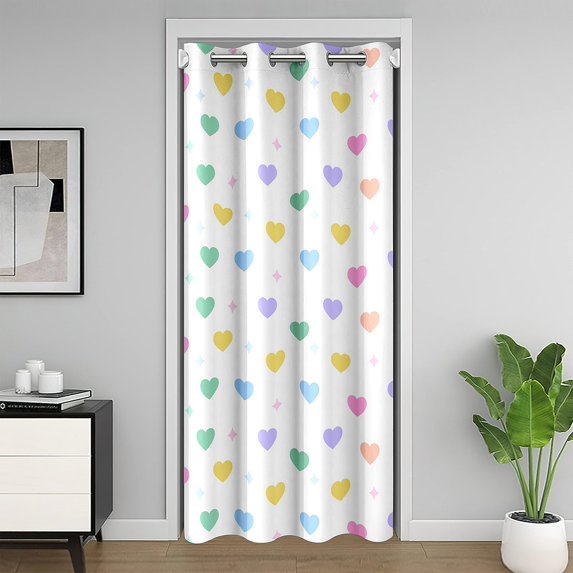 Cute Heart Print Door Curtain Geometric Star Rhombus Doorway Curtain Rainbow Colorful Darkening Blackout Curtain Girly Style Heart Drape for Bedroom Privacy 1 Panel 42" W X 80" L
