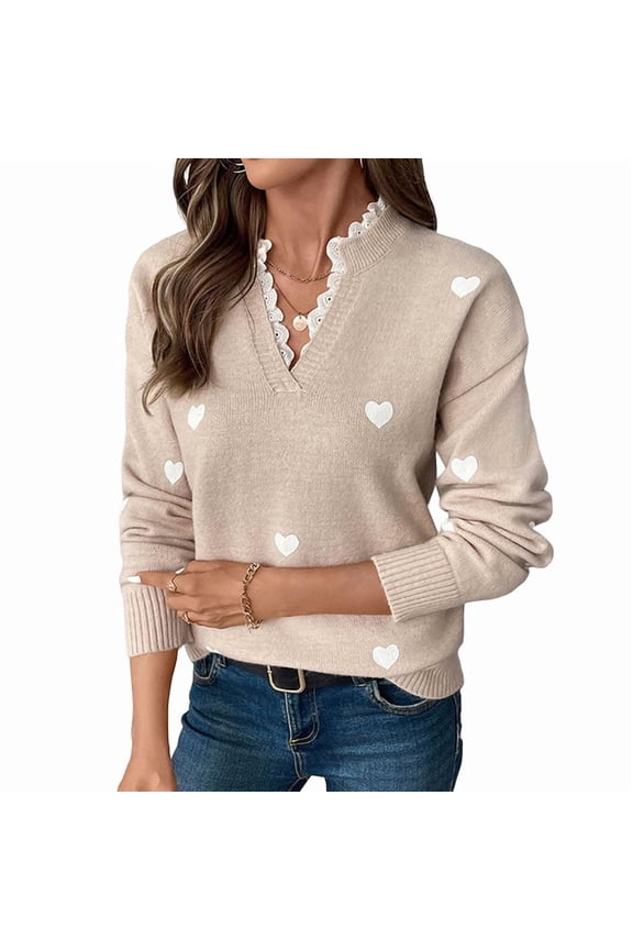 Cute Heart Print Sweater for Women V Neck Sweater Pullovers with Lace Trim Knit Jumper Khaki S